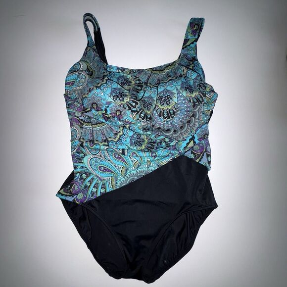 Longitude Turquoise Paisley Print & Black One Piece Swimsuit Size 16 - Picture 1 of 7